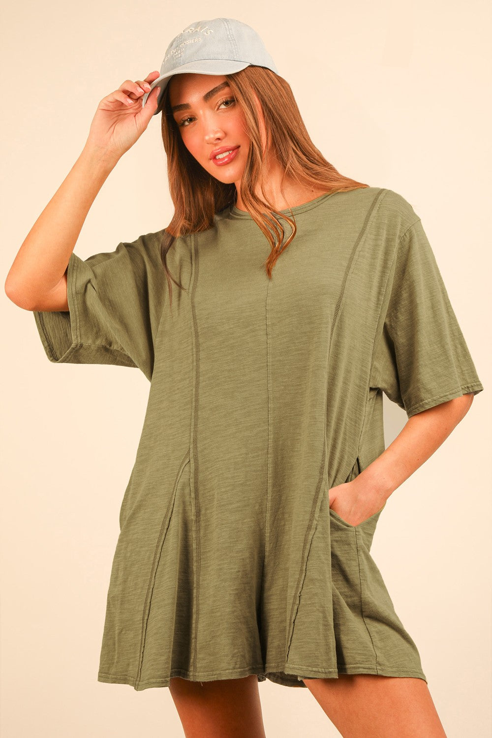 Mineral Washed Oversized Knit Romper  Sage