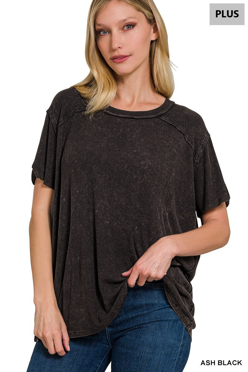 Plus Washed Ribbed Short Sleeve Round Neck Top  Ash Black