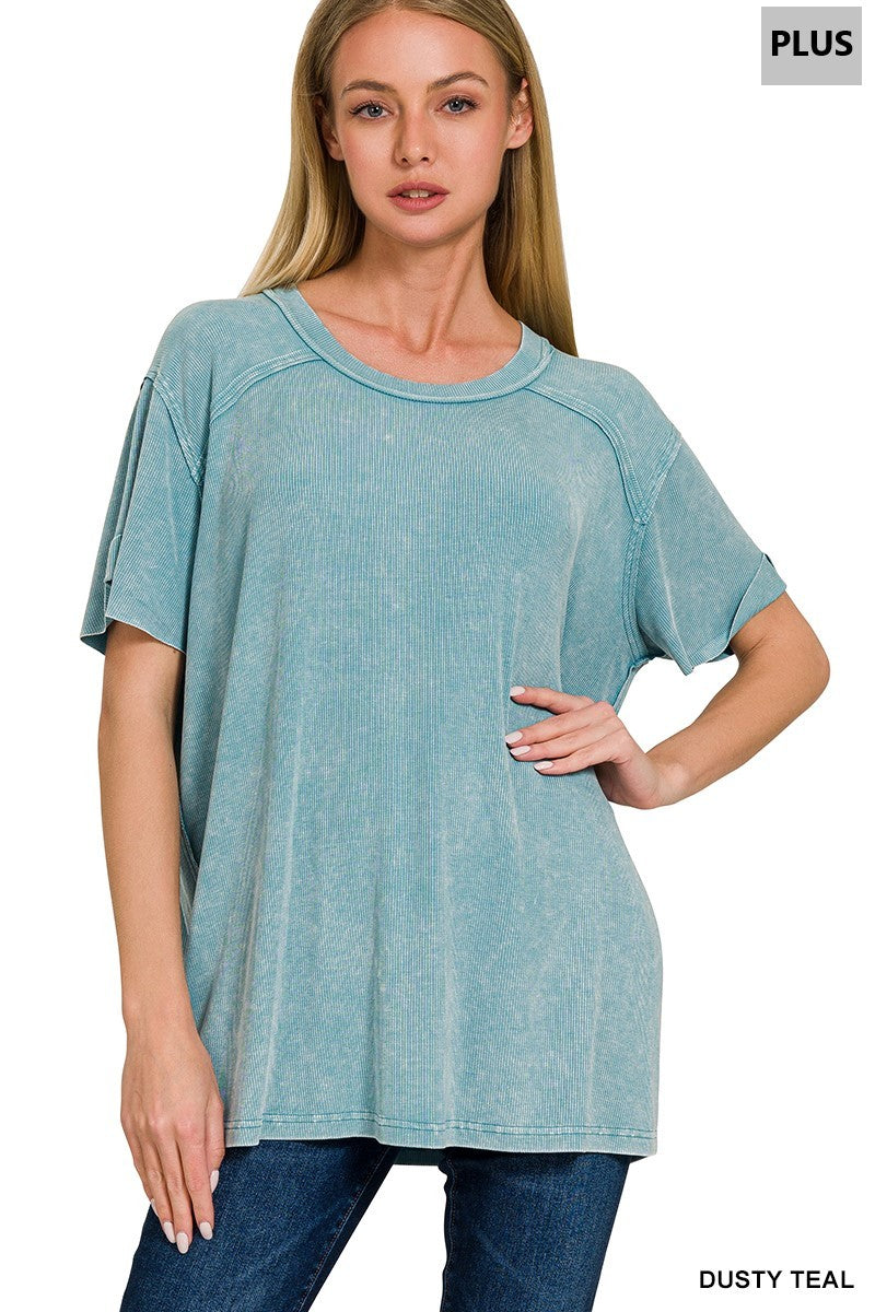 Plus Washed Ribbed Short Sleeve Round Neck Top  Dusty Teal