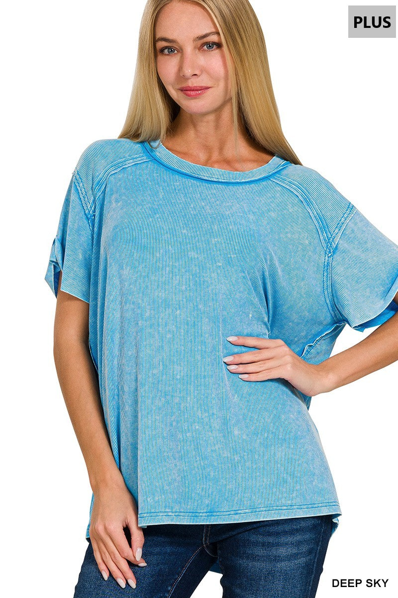 Plus Washed Ribbed Short Sleeve Round Neck Top Deep Sky