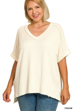 Load image into Gallery viewer, Raised Rib Short Sleeve Hi/low V neck top  Cream
