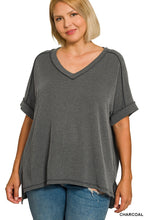 Load image into Gallery viewer, Raised Rib Short Sleeve Hi/low V neck top  Charcoal
