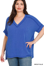 Load image into Gallery viewer, Raised Rib Short Sleeve Hi/low V neck top  Bright Blue
