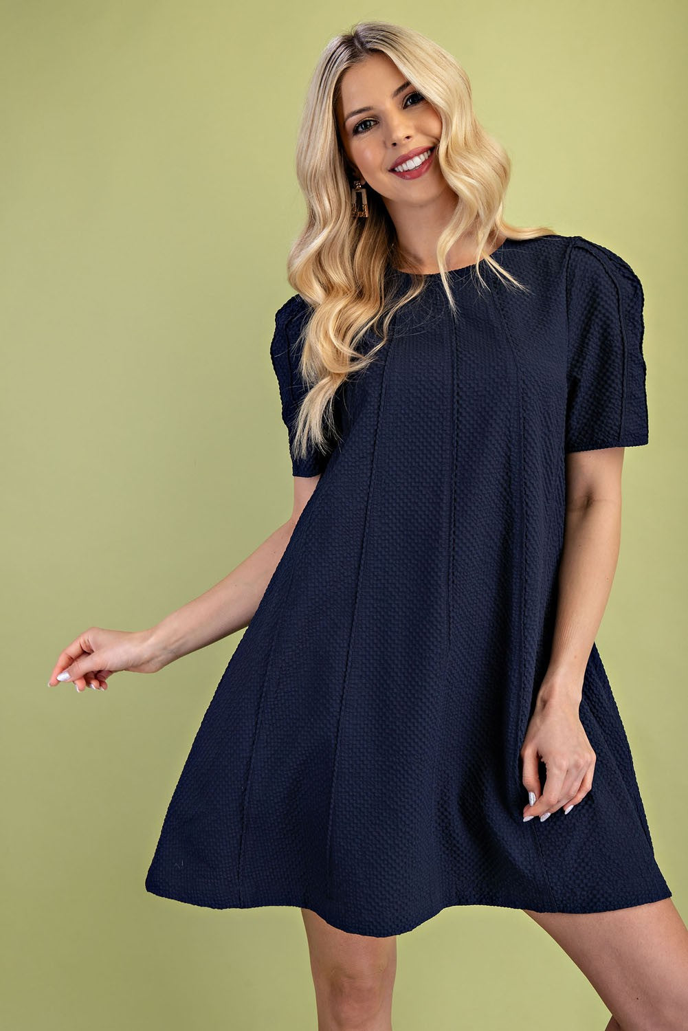 Paneled Textured Round Neck Mini Dress Navy