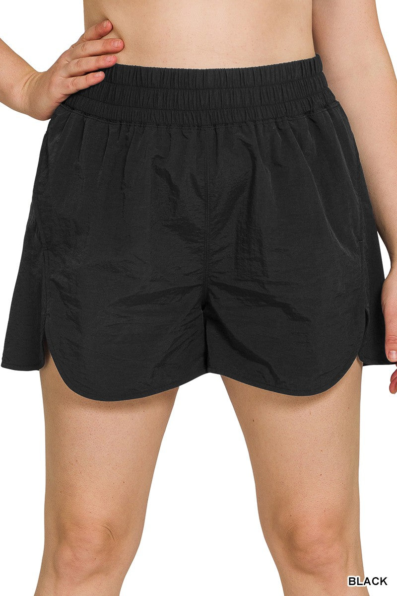 Plus Windbreaker Smocked Waistband Running Shorts  Black