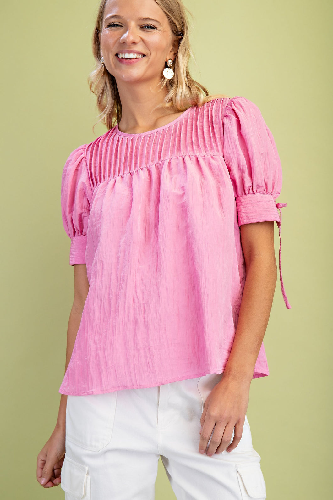 Crinkle Fabric Pleated Top Pink
