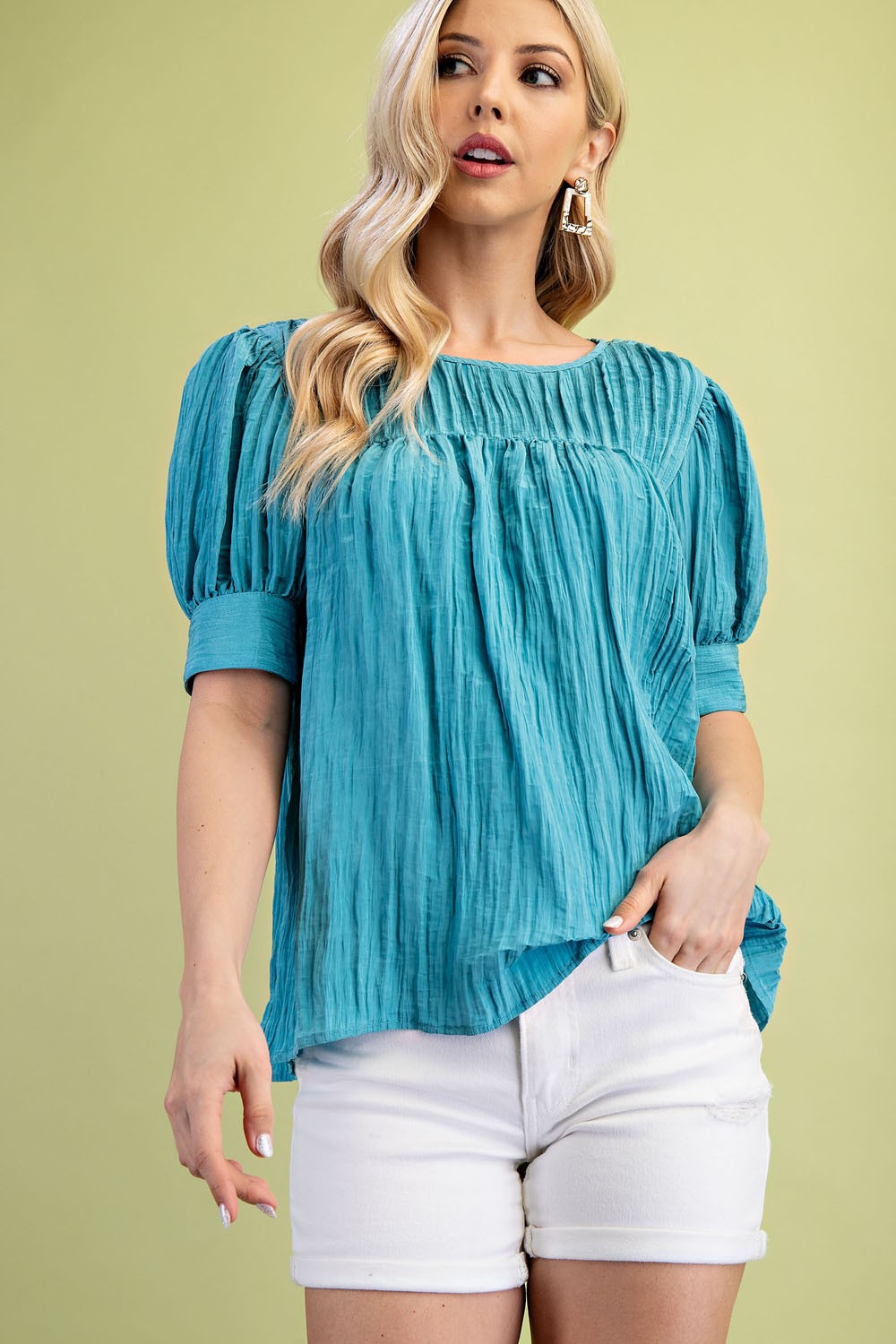 Crinkle Fabric Pleated Top Mint Blue