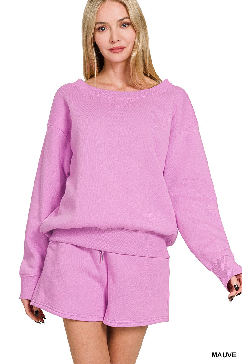 Fleece Boat Neck Sweatshirts & Shorts Set Mauve