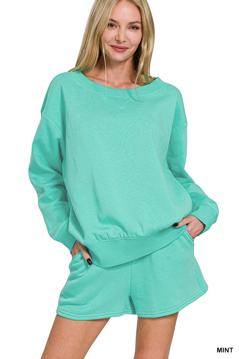 Fleece Boat Neck Sweatshirts & Shorts Set Mint