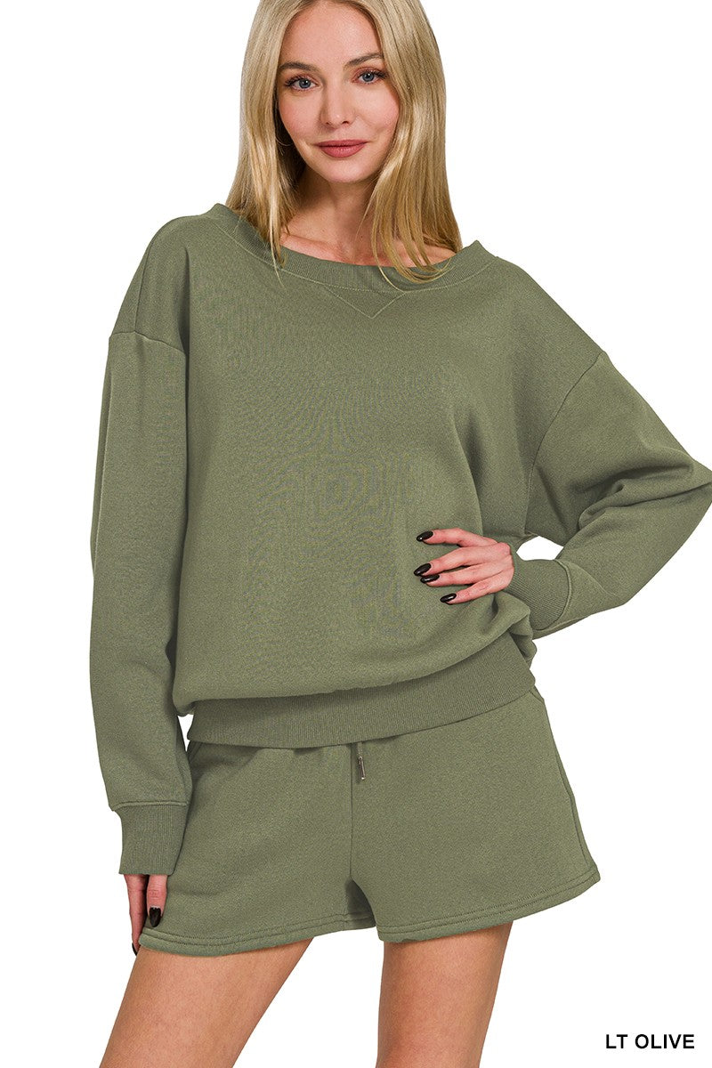 Fleece Boat Neck Sweatshirts & Shorts Set Lt Olive