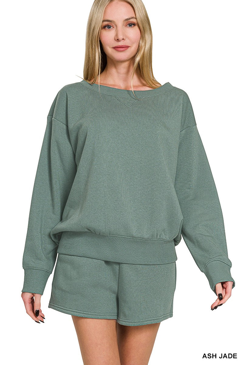 Fleece Boat Nek Sweatshirts and Shorts 2 Pc Set Ash Jade
