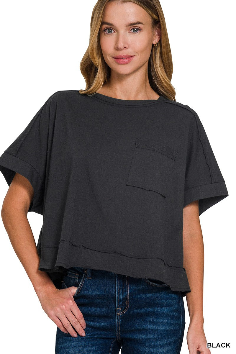 Exposed Seam Crop Box Tee   Black