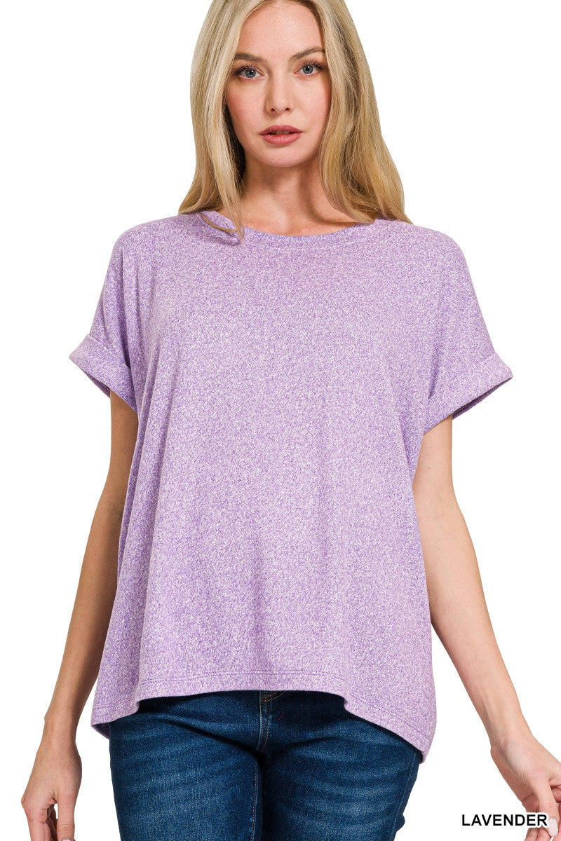 Soft Melange Hacci Short Sleeve Round Neck Top  Lavender