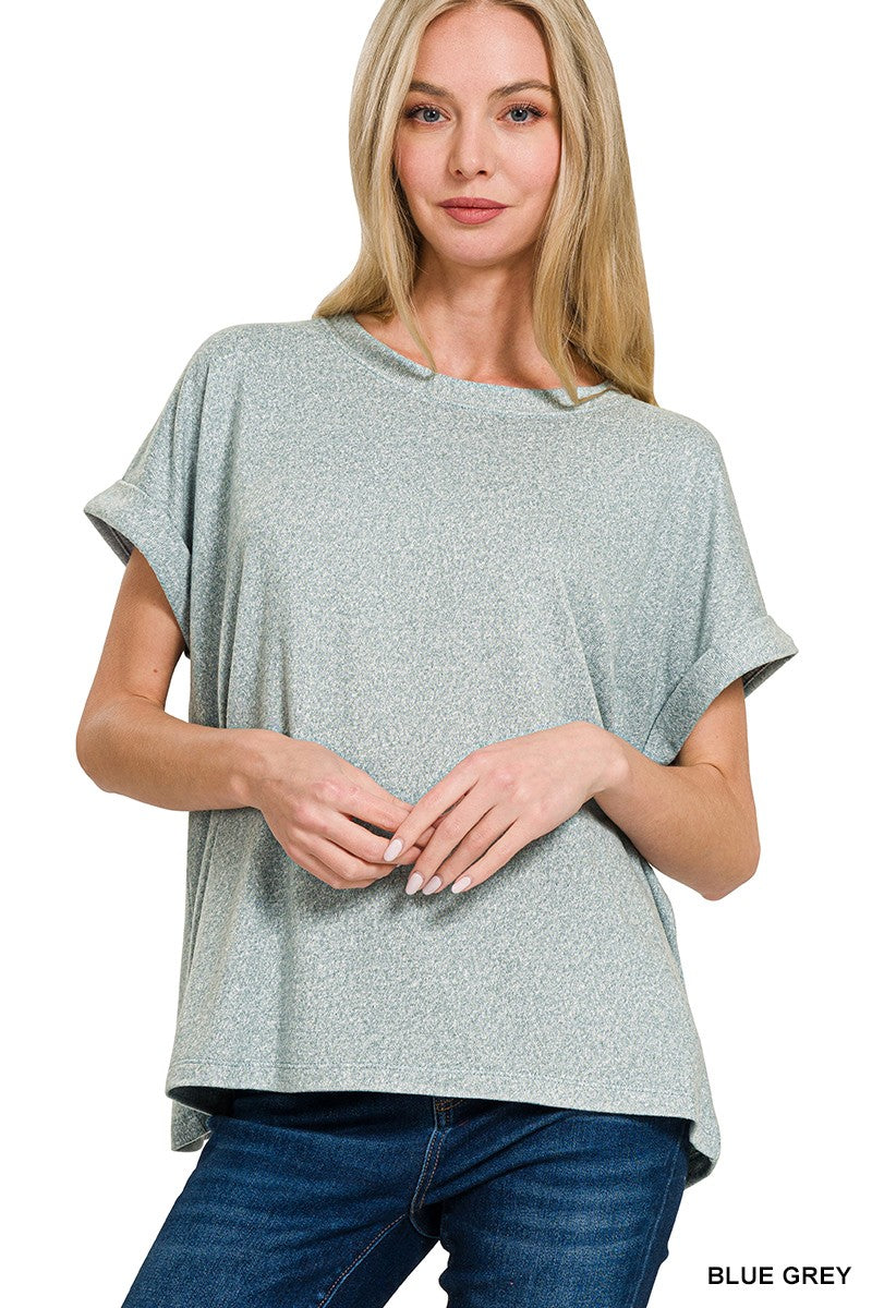 Soft Melange Hacci Short Sleeve Round Neck Top  Blue Grey