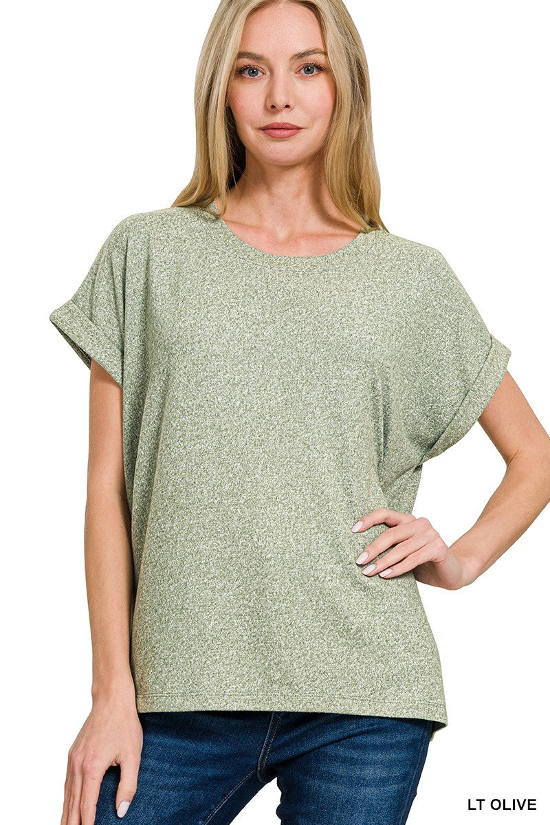 Soft Melange Hacci Short Sleeve Round Neck Top  Lt. Olive