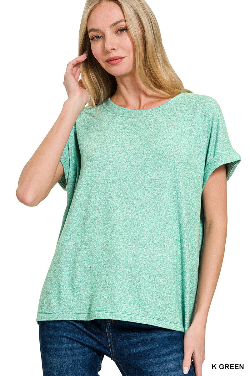 Soft Melange Hacci Short Sleeve Round Neck Top  Kelly Green