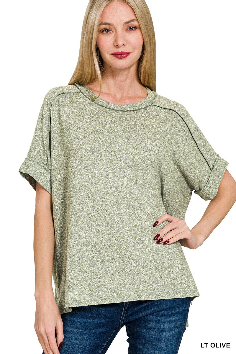 Soft melange Hacci Short Sleeve Hi/Lo Tee   Lt Olive