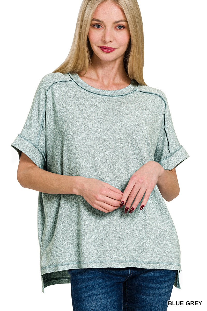 Soft melange Hacci Short Sleeve Hi/Lo Tee  Blue Grey