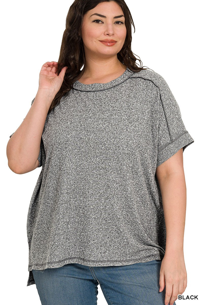 Plus Soft Melange Hacci Short Sleeve Hi/Lo Tee  Black