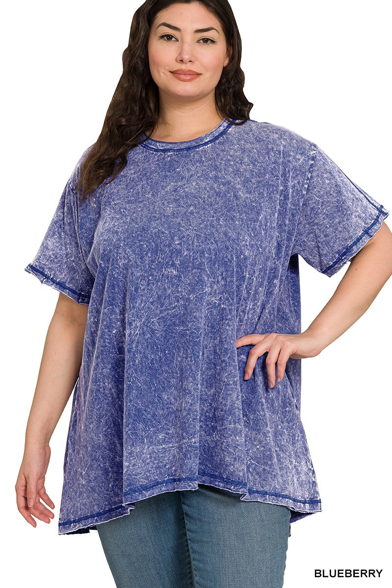 Plus Crinkle Washed Drop Shoulder OS Top  Blueberry