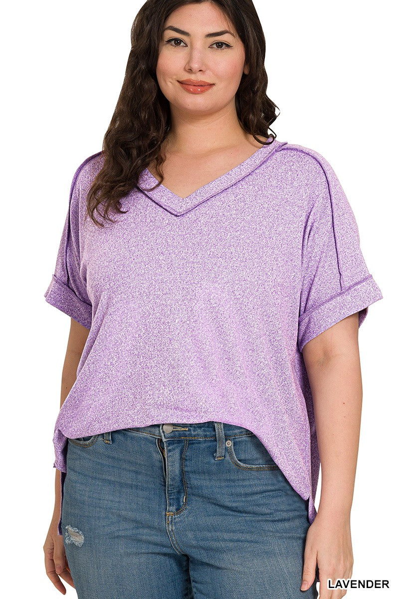 Plus Soft Melange Hacci Short Sleeve V Neck Exposed Seam Top  Lavender