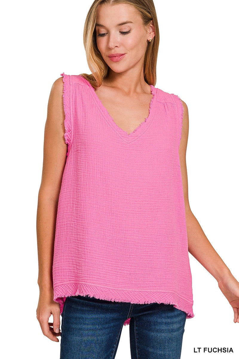Double Gauze aw Edge v-neck Tank Top  Lt Fuchsia