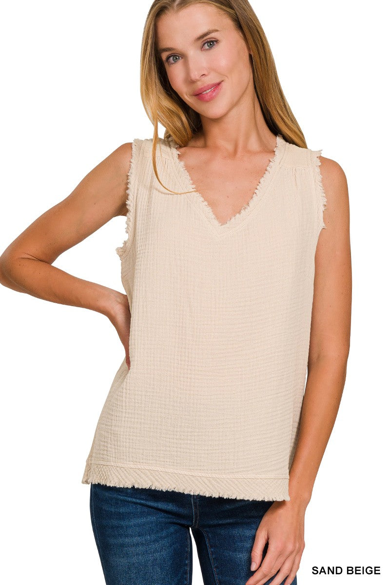 Double Gauze aw Edge v-neck Tank Top  Sand Beige