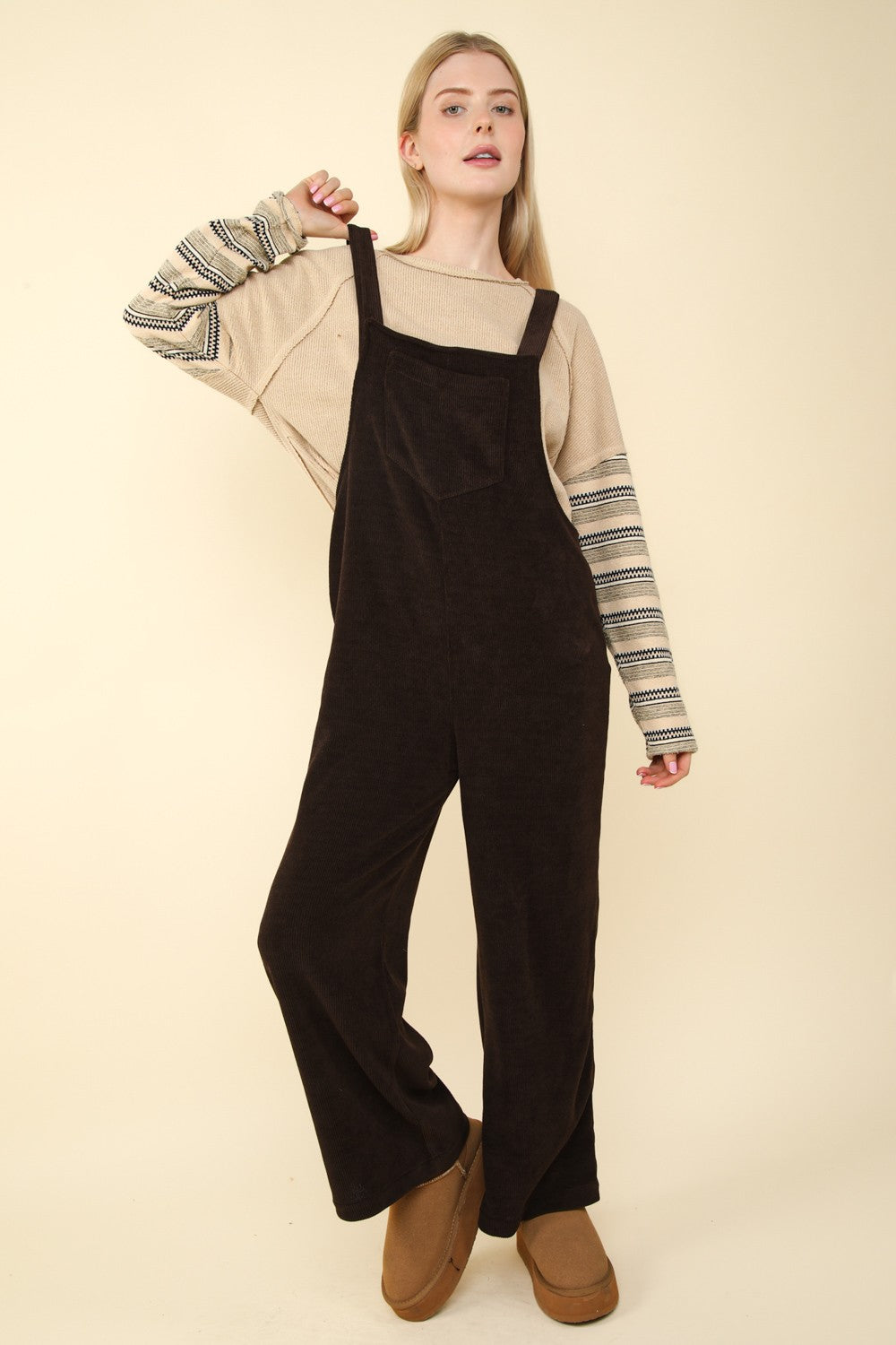 Brown soft corduroy straight leg overalls