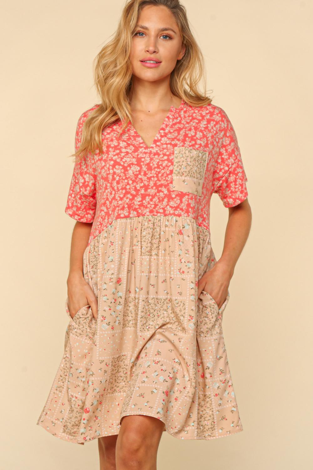 Plus Ditzy Floral Print Short Sleeve Dress  Coral/Taupe