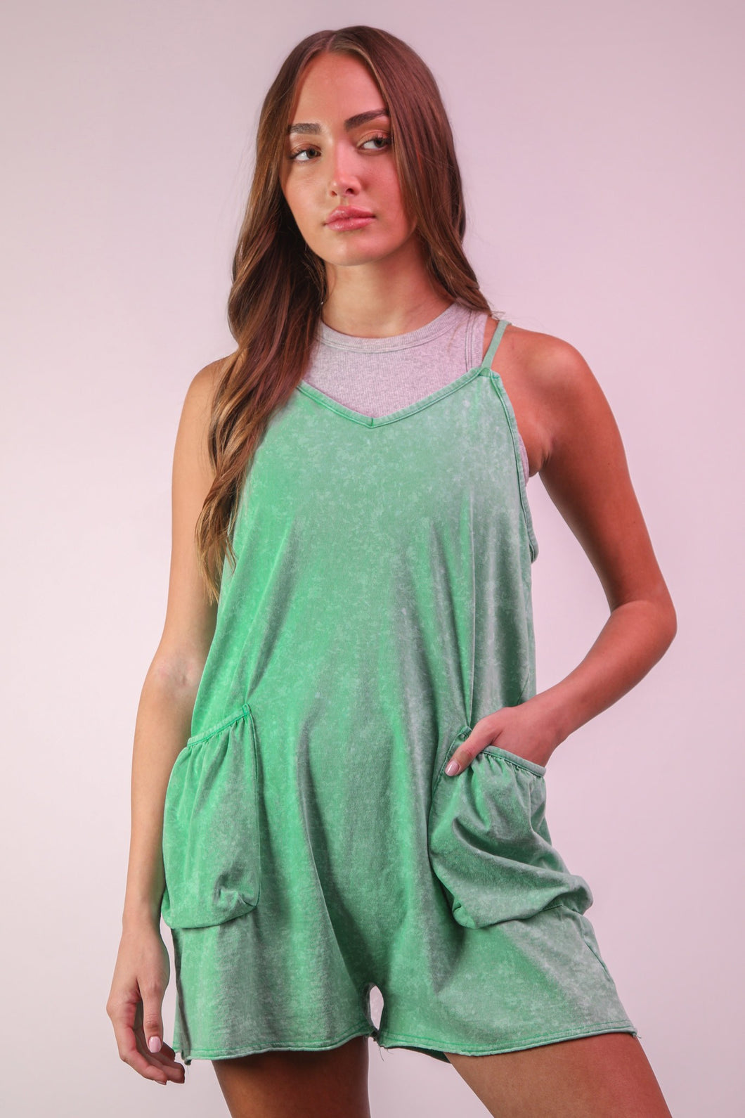 Mineral Washed Sleeveless Casual Knit Romper Green