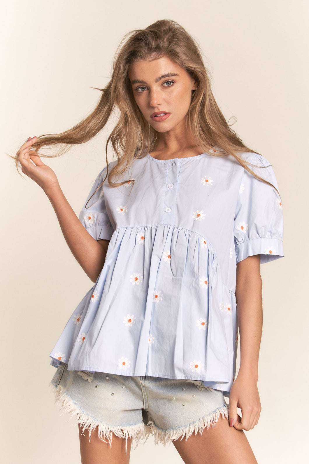 Flower Embroidery Short Sleeve Baby Doll Top
