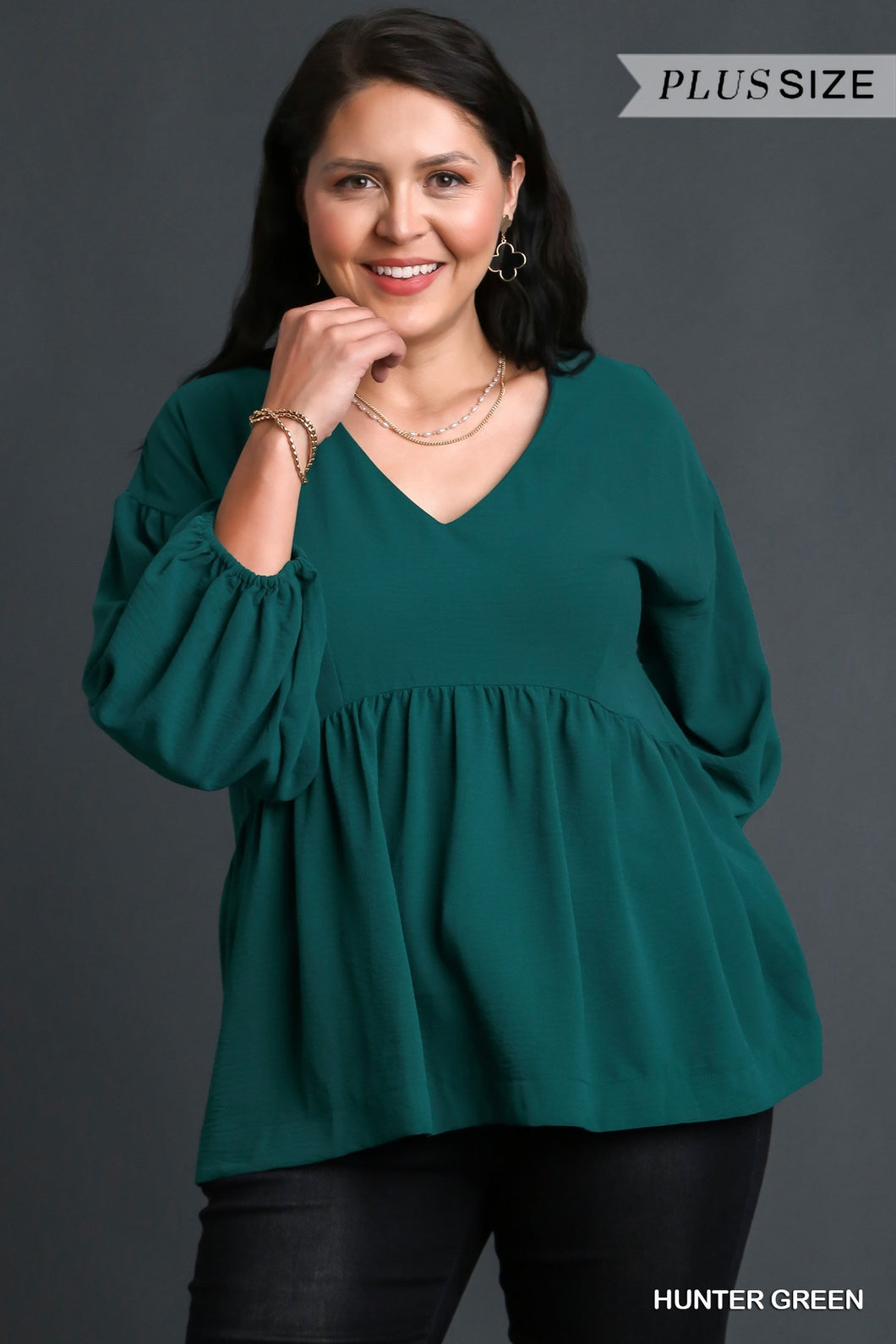 Hunter Green  Plus V-Neck baby doll 3/4/ sleeve top
