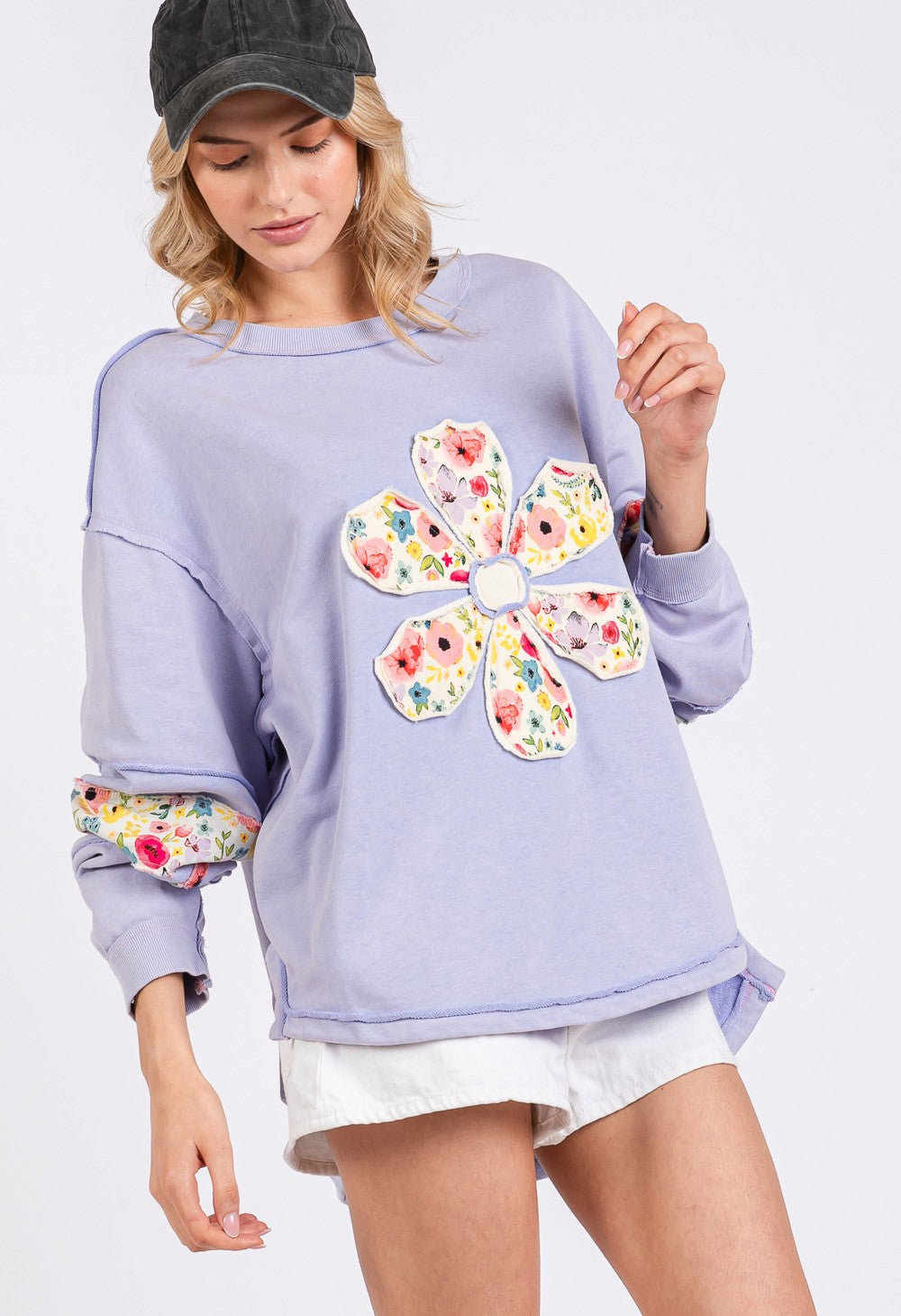Long Sleeves with Daisy Patch Applique Sweatshirts Periwinkle