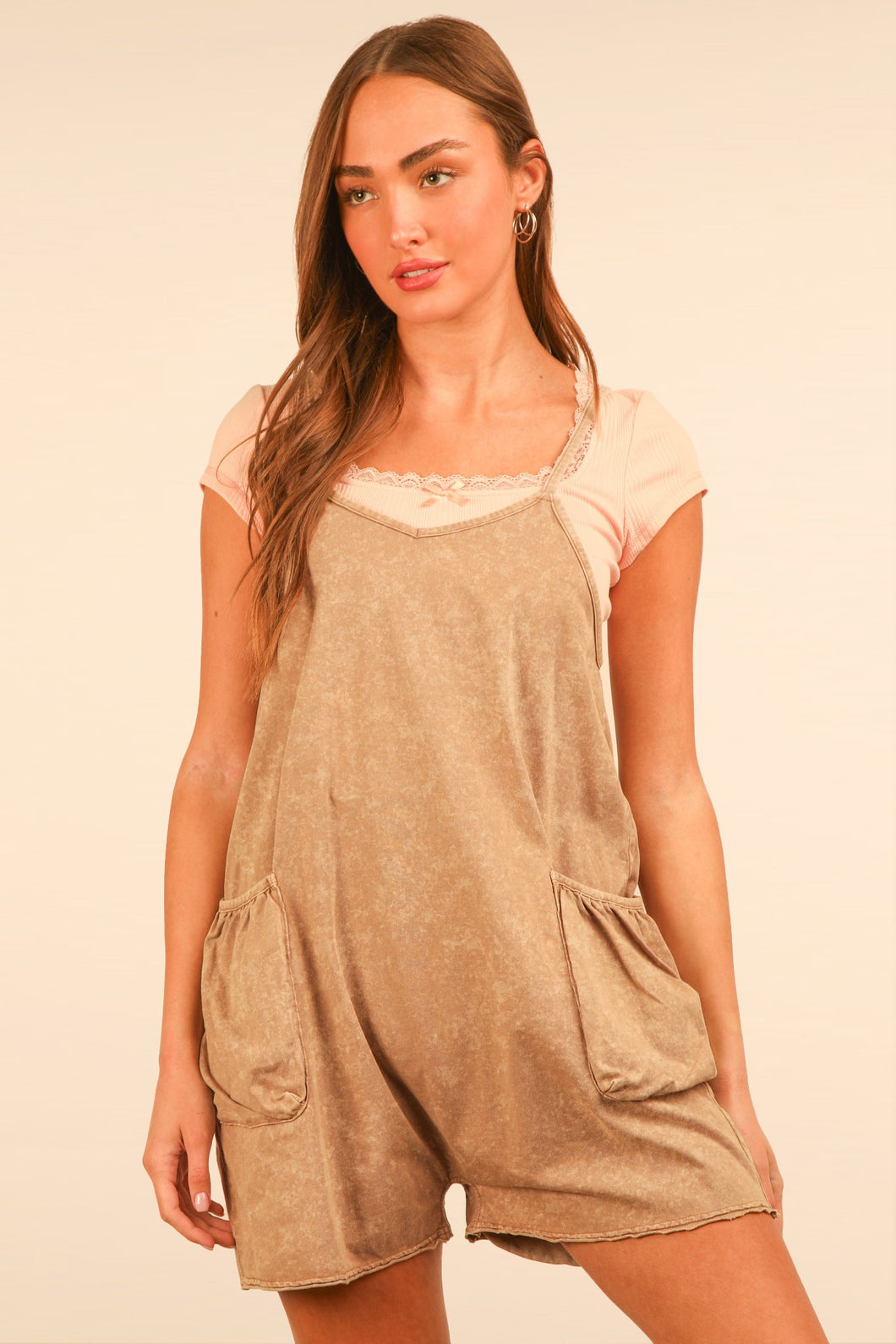 Mineral Washed Sleeveless Casual Knit Romper Taupe