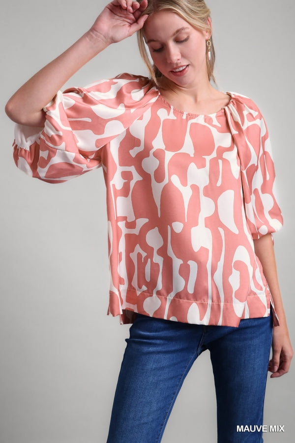 Umgee mauve mix print balloon sleeve top