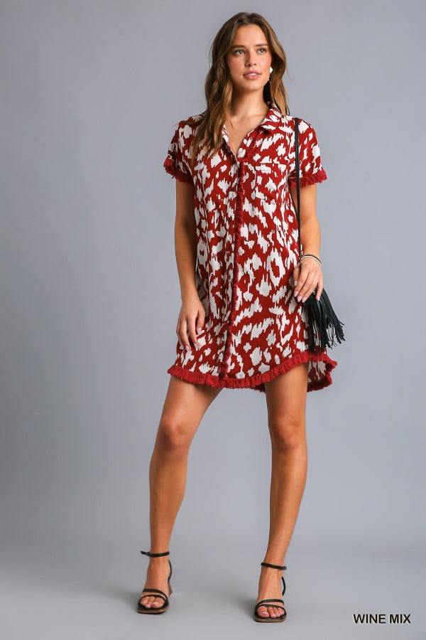 Umgee Collared Button Down High Low Hem Dress with Unfinished Frayed Hem