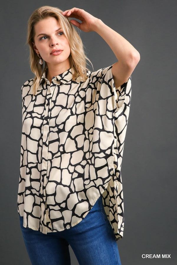 Collared Button Down Print Short Sleeve Top Side Slit, High Low-Hem