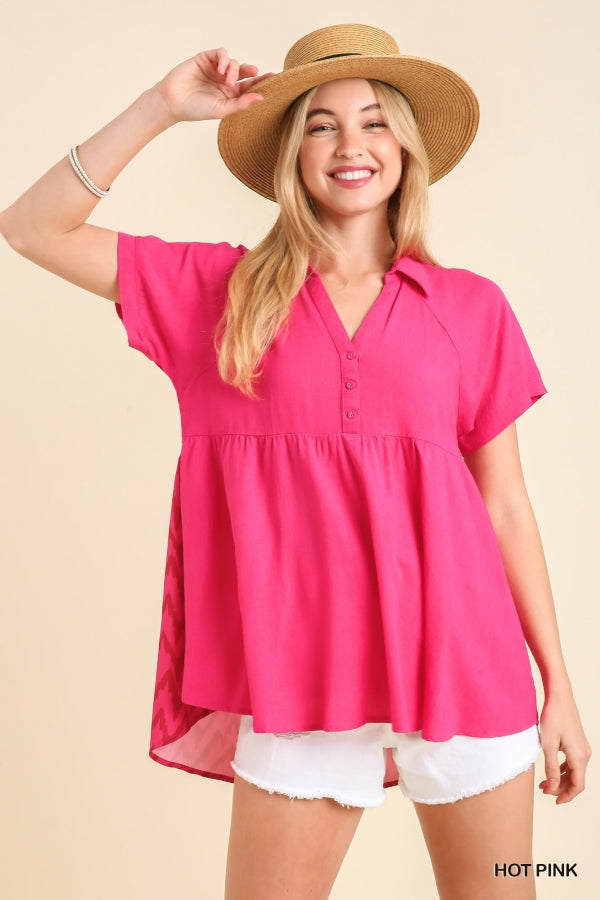 Umgee Linen High Low Hem Collared Mid Button Detail Top with Back Print