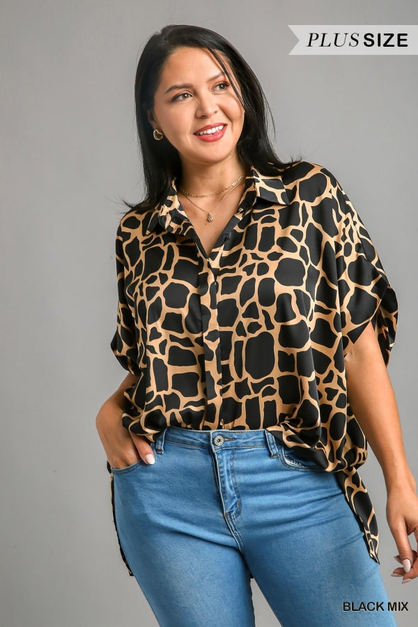 Umgee Plus Collared Button Down Print Short Sleeve Top Side Slit, High Low-Hem