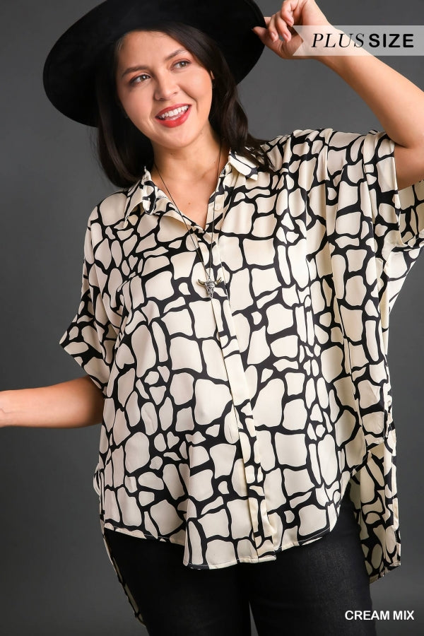 Umgee Plus Collared Button Down Print Short Sleeve Top Side Slit, High Low-Hem
