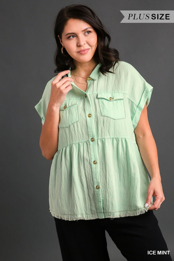 Snow Wash Top With Tortoise Shell Buttons and Frayed Hem in ice mint