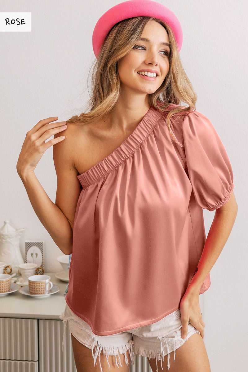 Satin One Shoulder Open Flared Top (Dusty Rose)